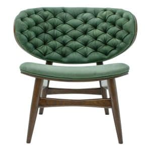 Dalma green leather lounge chair with tufted back and walnut wood frame