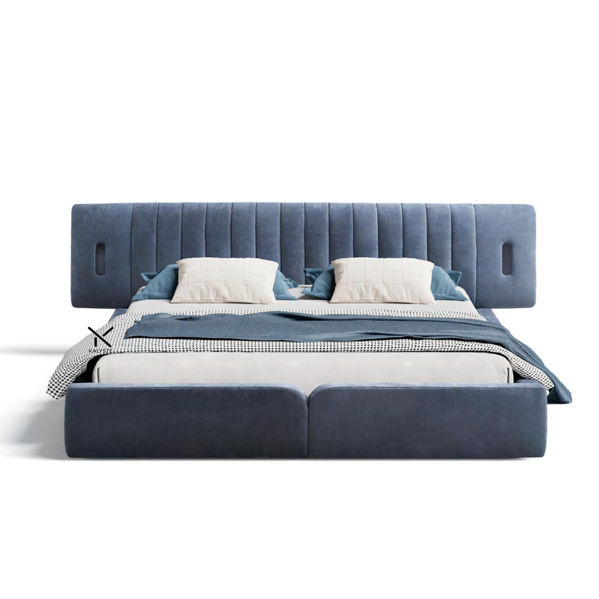 Modern Italian upholstered bed with channel tufted headboard in fabric