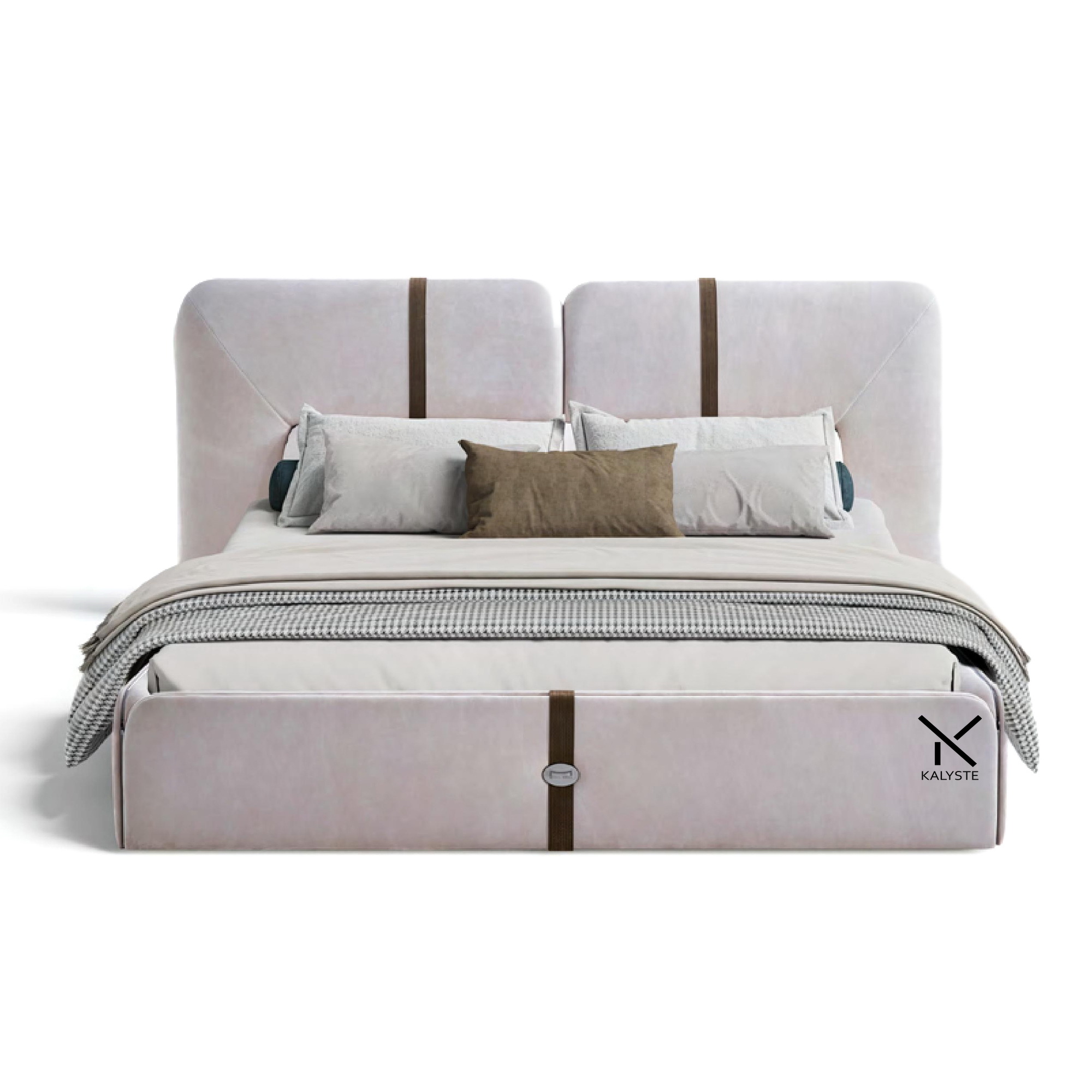 Minimalist Italian style bed with beige matte leather upholstery and smooth flowing lines