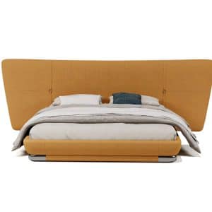 Italian fabric bed with oversized headboard and yellow upholstery