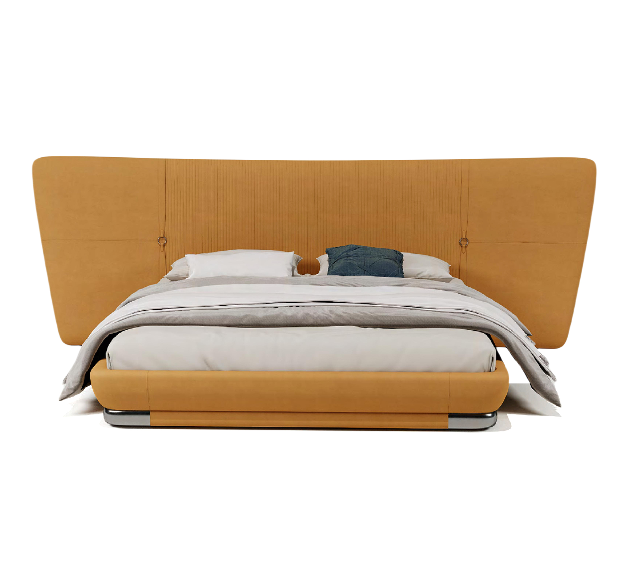 Italian fabric bed with oversized headboard and yellow upholstery