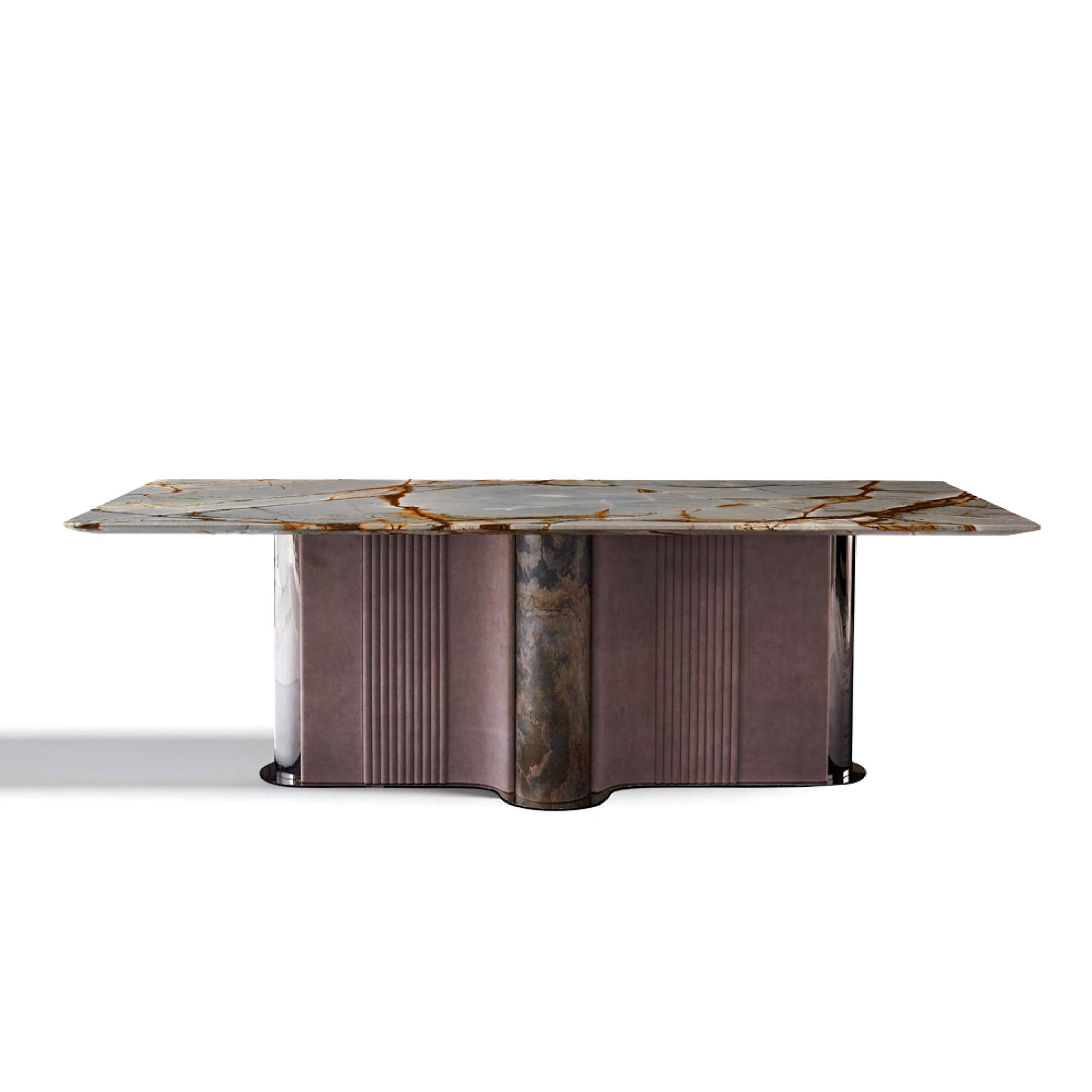 Luxury marble dining table with sculptural metal and matte leather base, modern architectural design