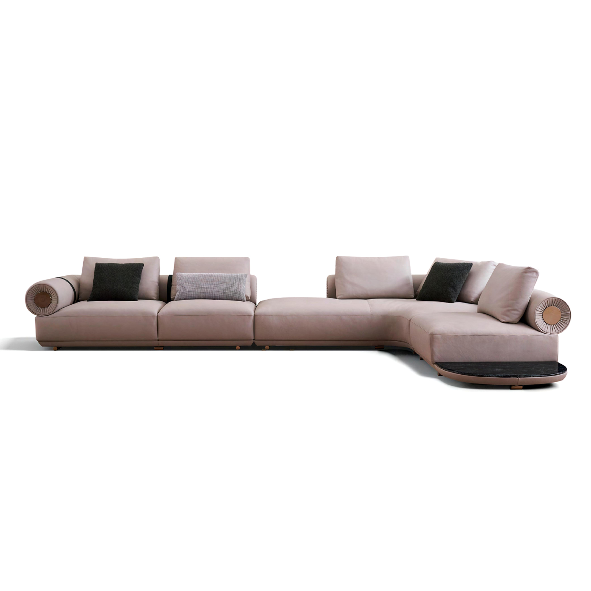 Modern luxury fusion sofa in black leather and grey velvet-linen with half-moon design