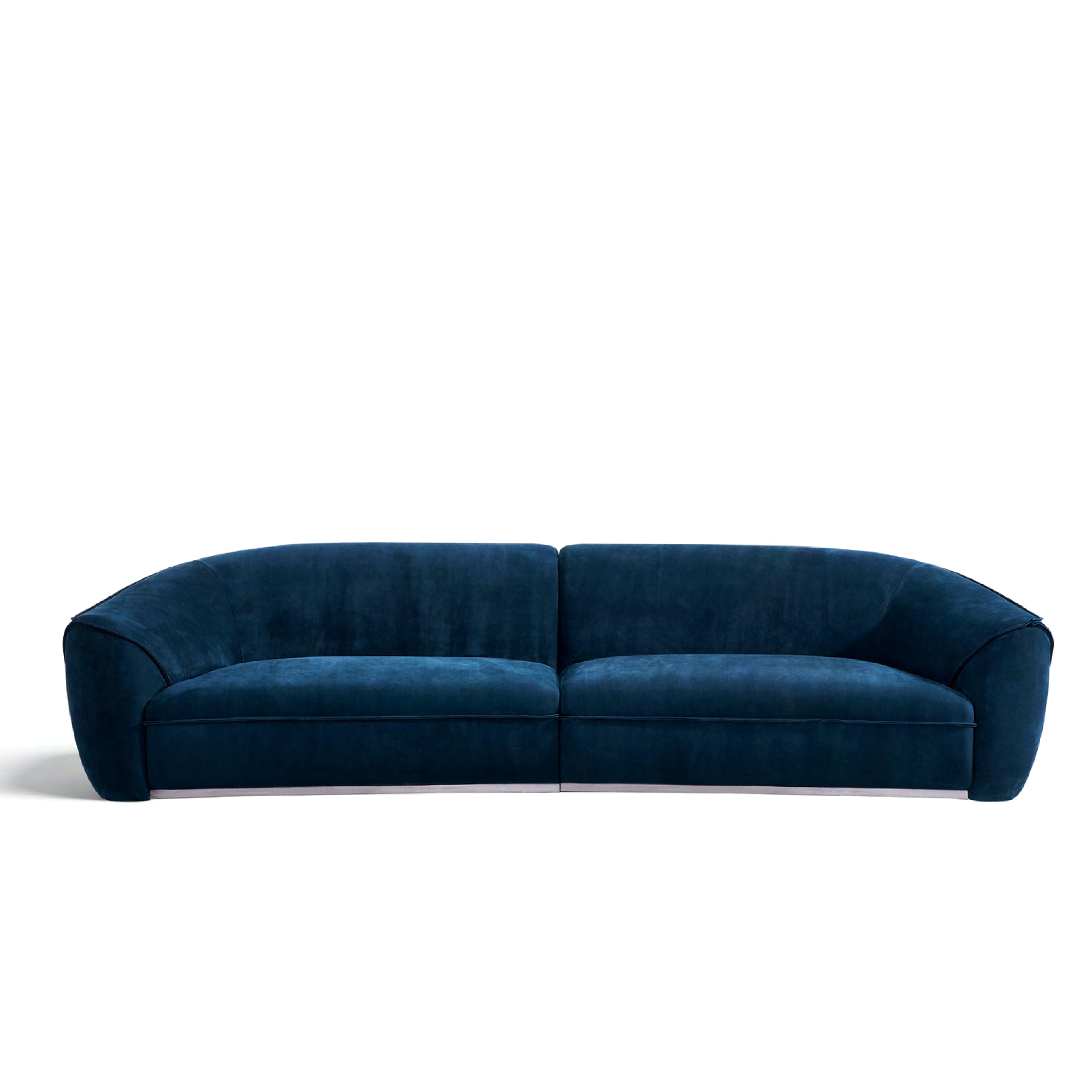Modern deep blue matte leather sofa with elegant curves and soft-touch finish