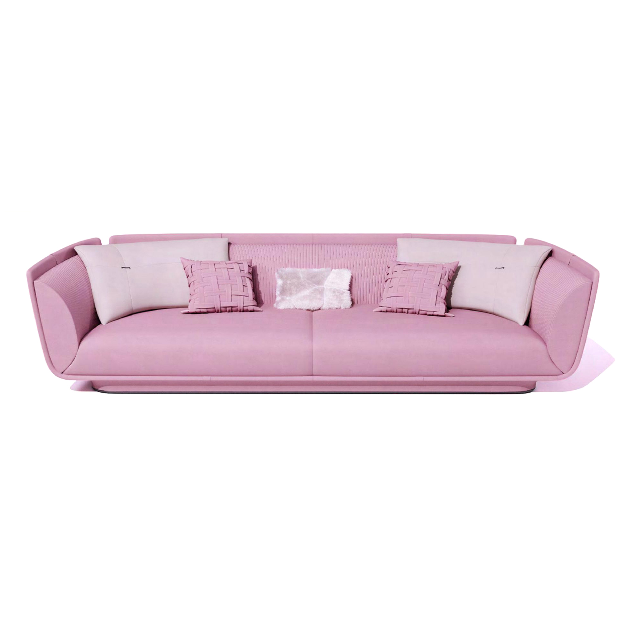 Pink loveseat sofa with pleated back and white cushions in modern setting