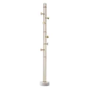 Premium brass coat rack stand with white marble base featuring 6 adjustable hooks in modern entryway