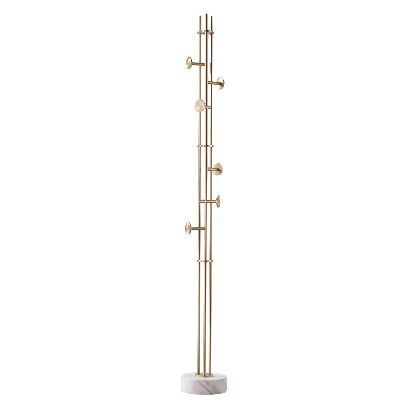 Premium brass coat rack stand with white marble base featuring 6 adjustable hooks in modern entryway