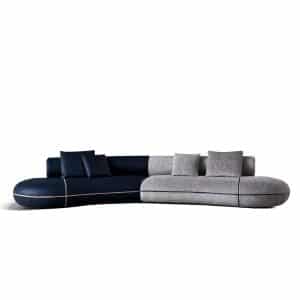 Two-tone sofa in black leather and grey fabric with round Chinese-style backrest