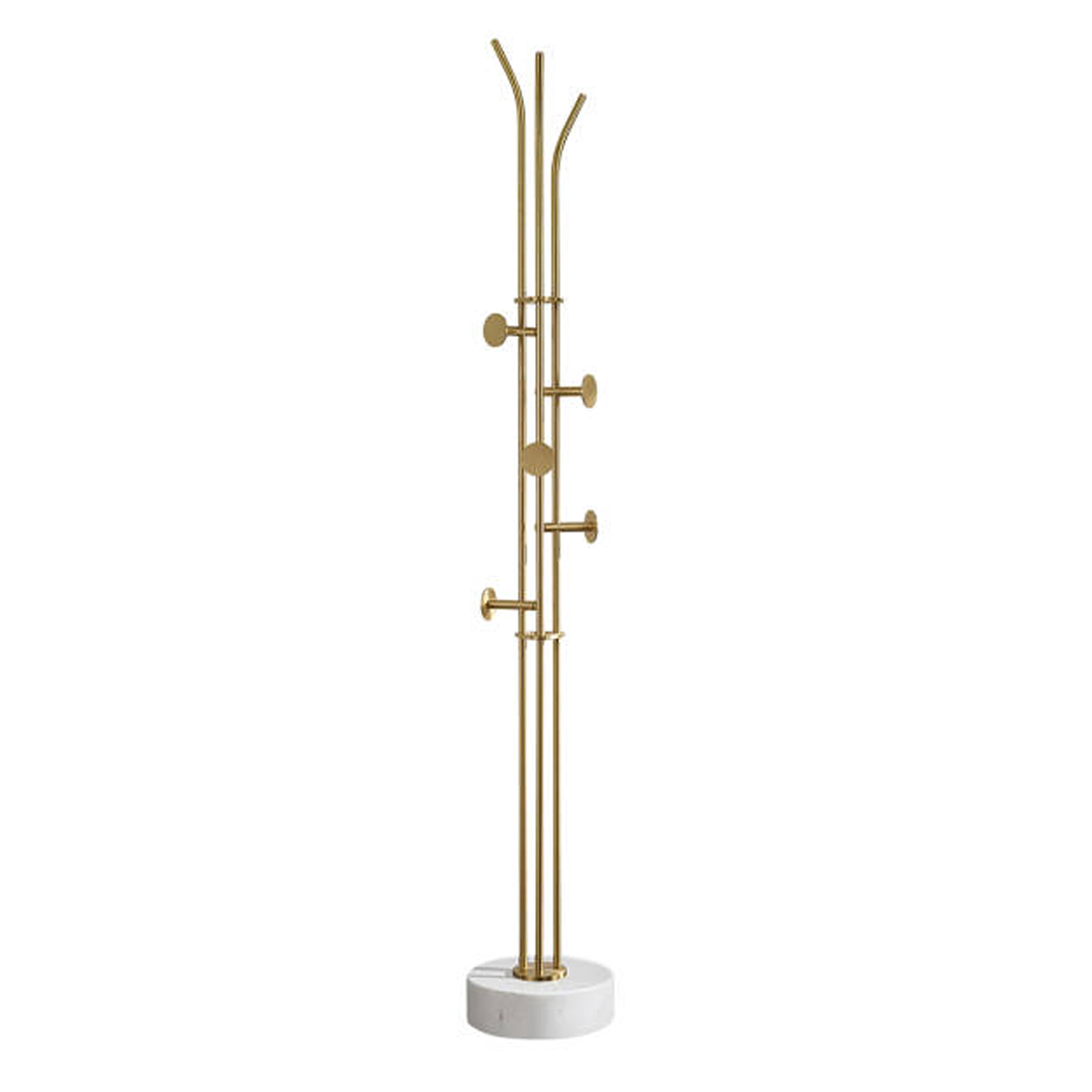 Contemporary gold coat stand with brushed brass tubes and white marble base