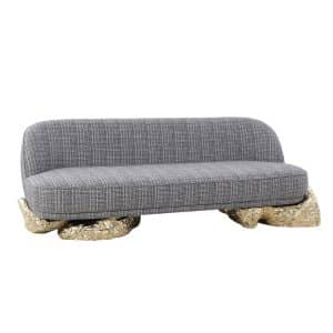 Angra Sofa with gold sculptural metal base and velvet upholstered seat