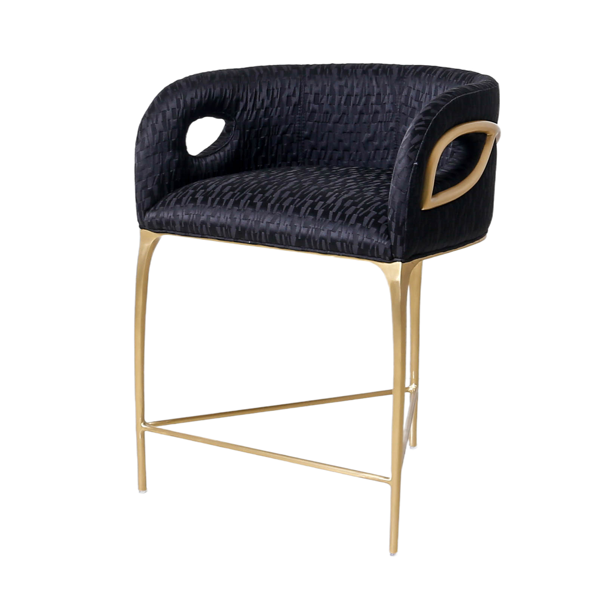 Side view of Chandra Bar Stool with polished brass frame and curved upholstered seat