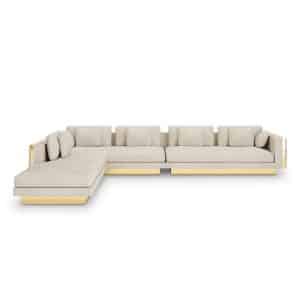 Layered Modular Sofa with sculptural design, irregular lines, and luxurious fabric upholstery designed with natural stone forms.