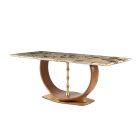 Brass and marble dining table with natural marble top, semi-circle leather base, and brushed brass accents – Kalyste