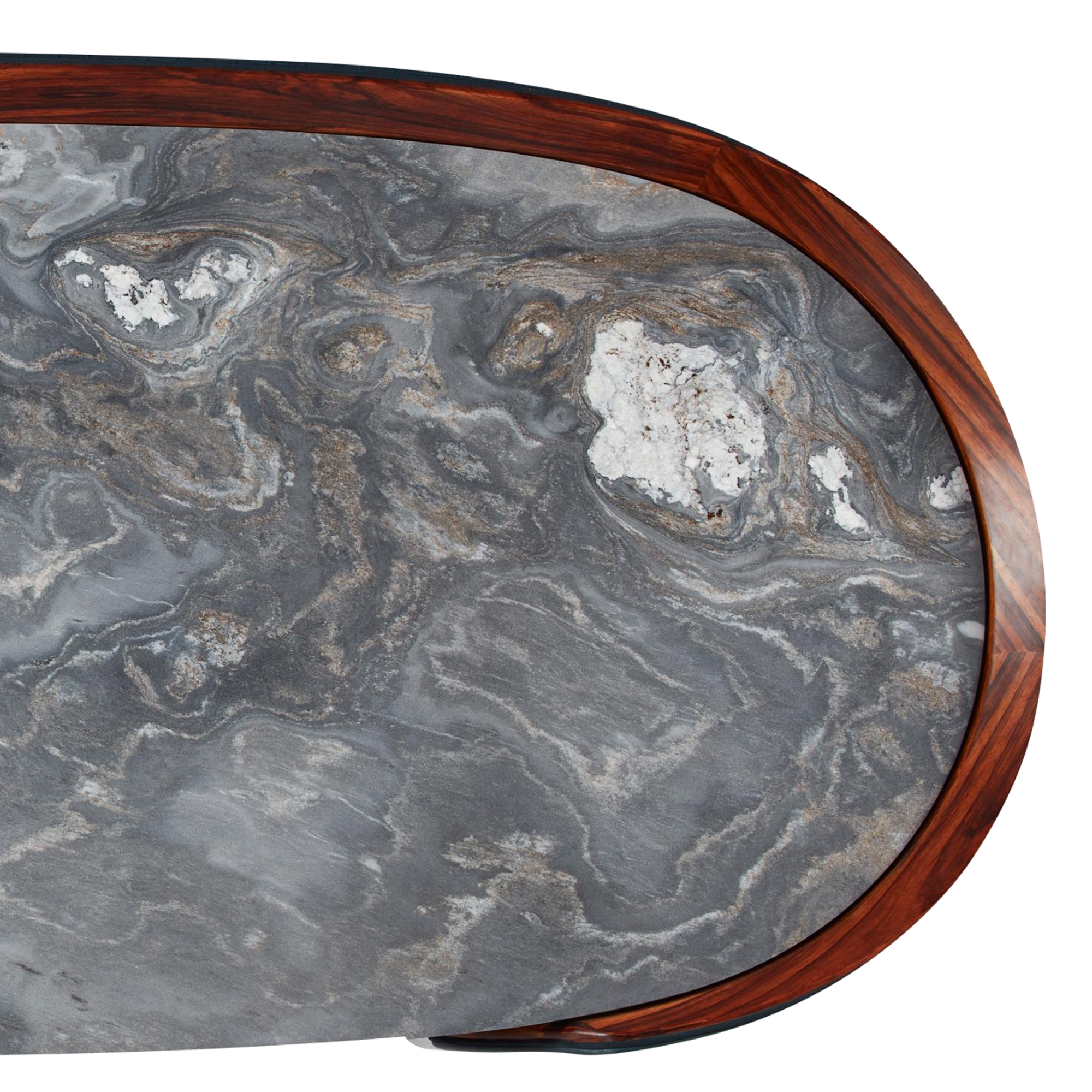 detail of High end coffee table with rosewood, marble, brass, and crocodile embossed leather – Kalyste