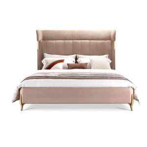 Double luxury bed with high curved nubuck headboard and brass legs – Kalyste