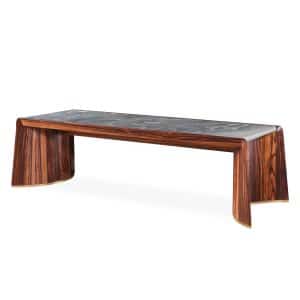 High end office desk with rosewood curved legs, natural marble top, and brass base – Kalyste
