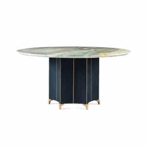 Luxury dining table with marble top, curved gray-blue base, and brushed brass legs – Kalyste
