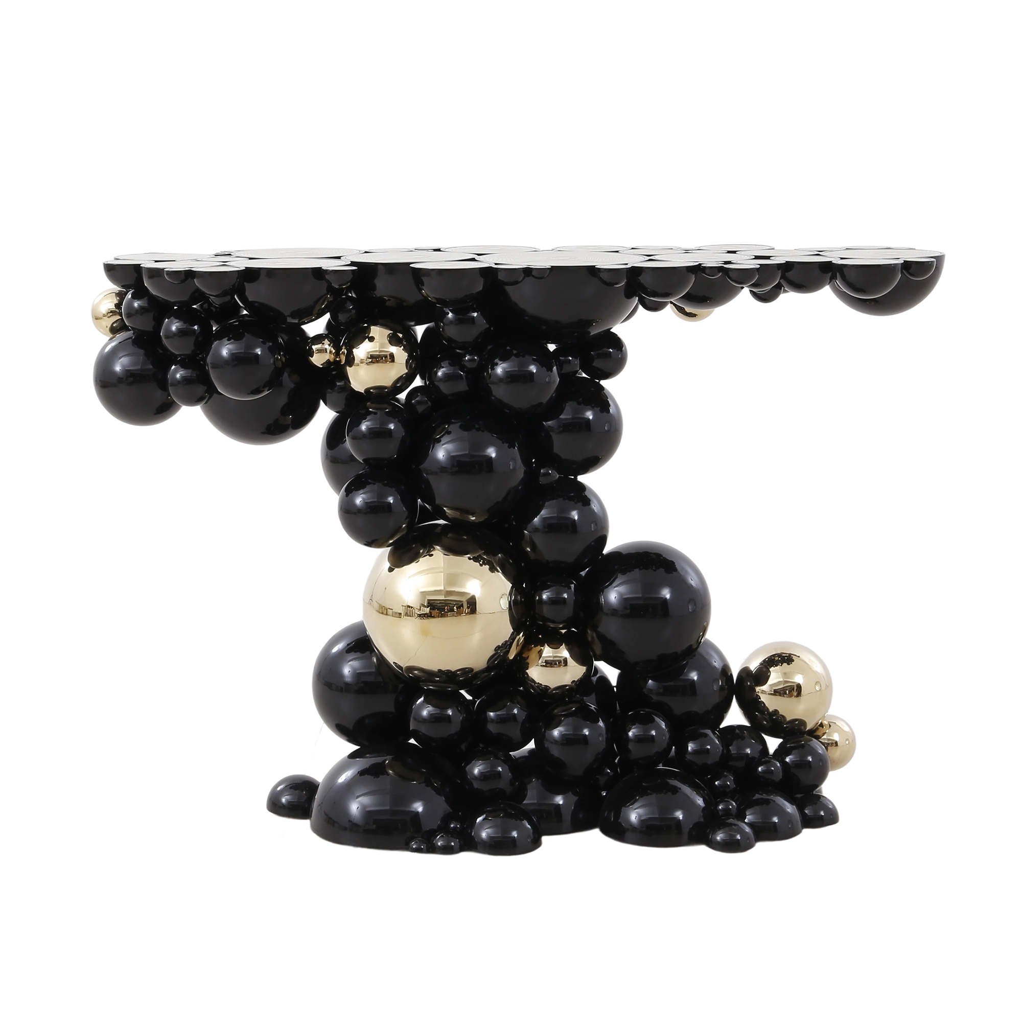 Detail of Newton Console Table black lacquer and gold-plated spheres