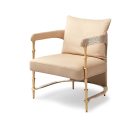 A luxury dining chair with a polished brass frame and legs, upholstered in smooth beige leather, featuring crocodile embossed leather detailing on the armrest and back, designed with a plush cushion and elegant golden finish.