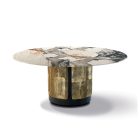 Amos Dining Table with onyx marble top and sculptural bronze base in contemporary luxury design.