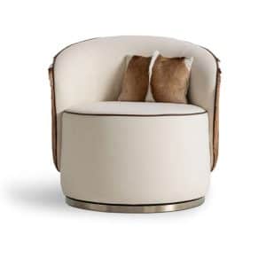 Annabelle Chair with circular design, premium fur backrest, and fine fabric upholstery