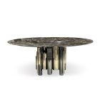 Antigua Dining Table by Roberto Cavalli with sculptural metallic base and marble top in luxury Italian design.
