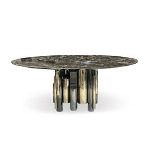 Antigua Dining Table by Roberto Cavalli with sculptural metallic base and marble top in luxury Italian design.