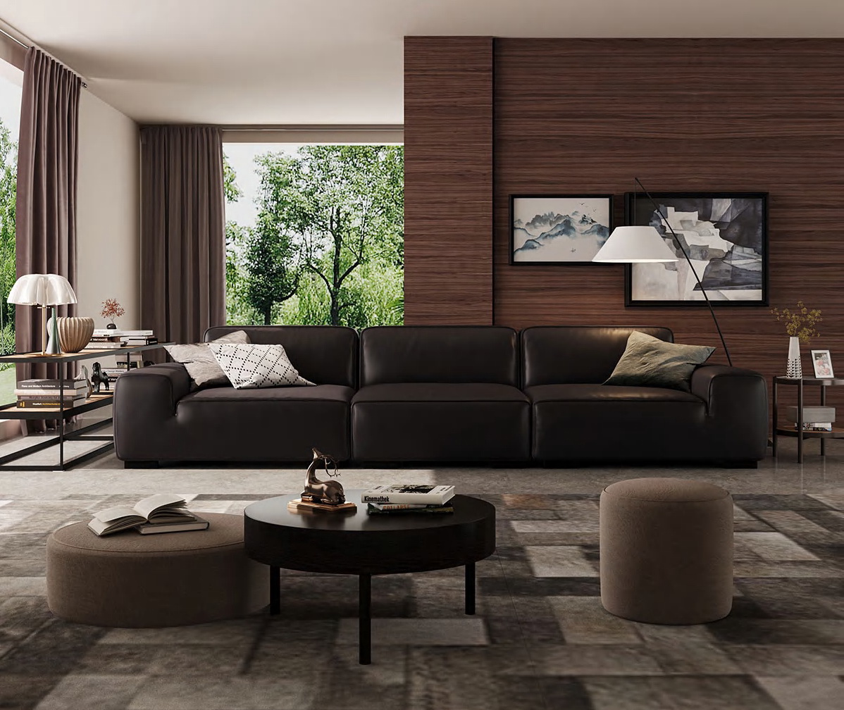Avanue Sofa in top-grain leather with curved lines and vintage-inspired minimalist design.