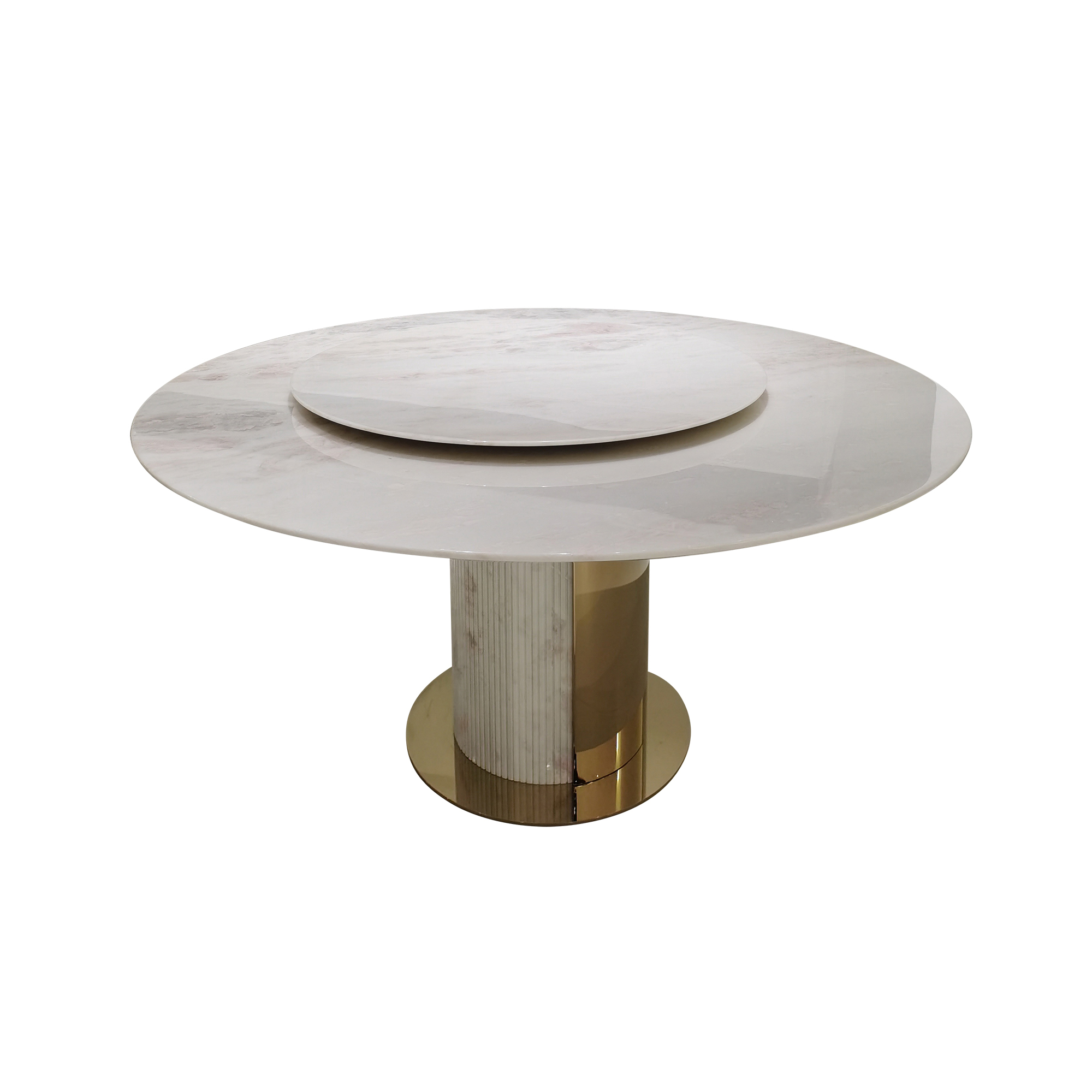 Rotate marble dining table with gold stainless steel and marble pedestal