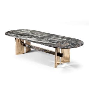 Como Dining Table with marble top and sculptural brass base, modern luxury dining furniture design.