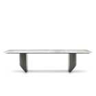 Wedge Dining Table with natural marble top and sculptural metal legs in modern floating design.