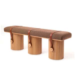 Linear Sculptural Bench with Dual-Material Upholstery and Metallic Base