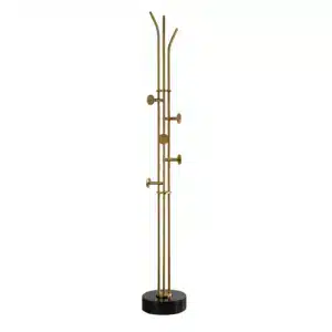 Stainless steel coat rack stand with black marble base and brushed gold-tone adjustable hooks