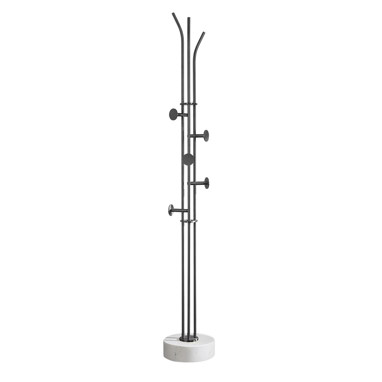 Stainless steel coat rack stand with white natural marble base and multiple brushed adjustable hooks