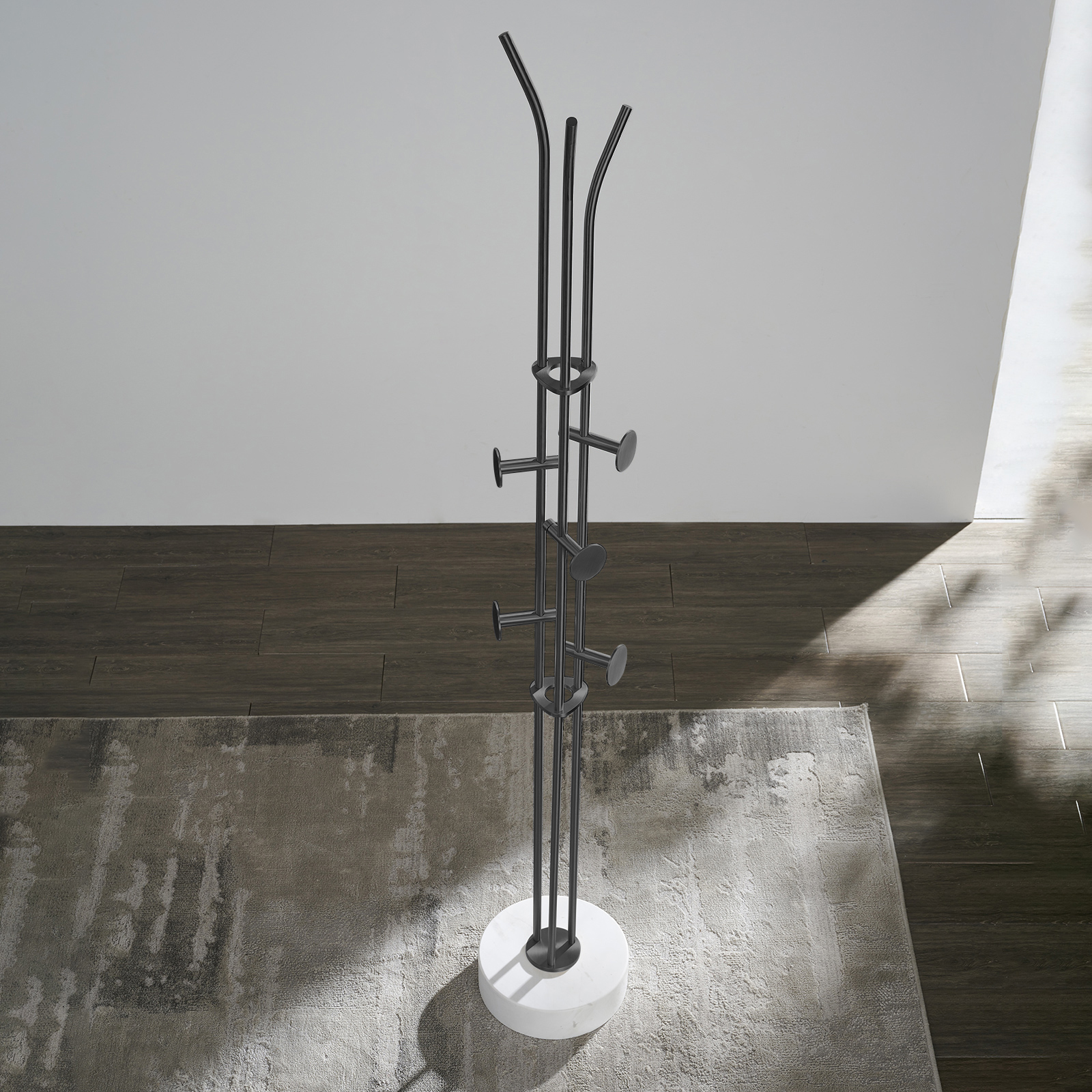 Stainless steel coat rack stand with white natural marble base and multiple brushed adjustable hooks