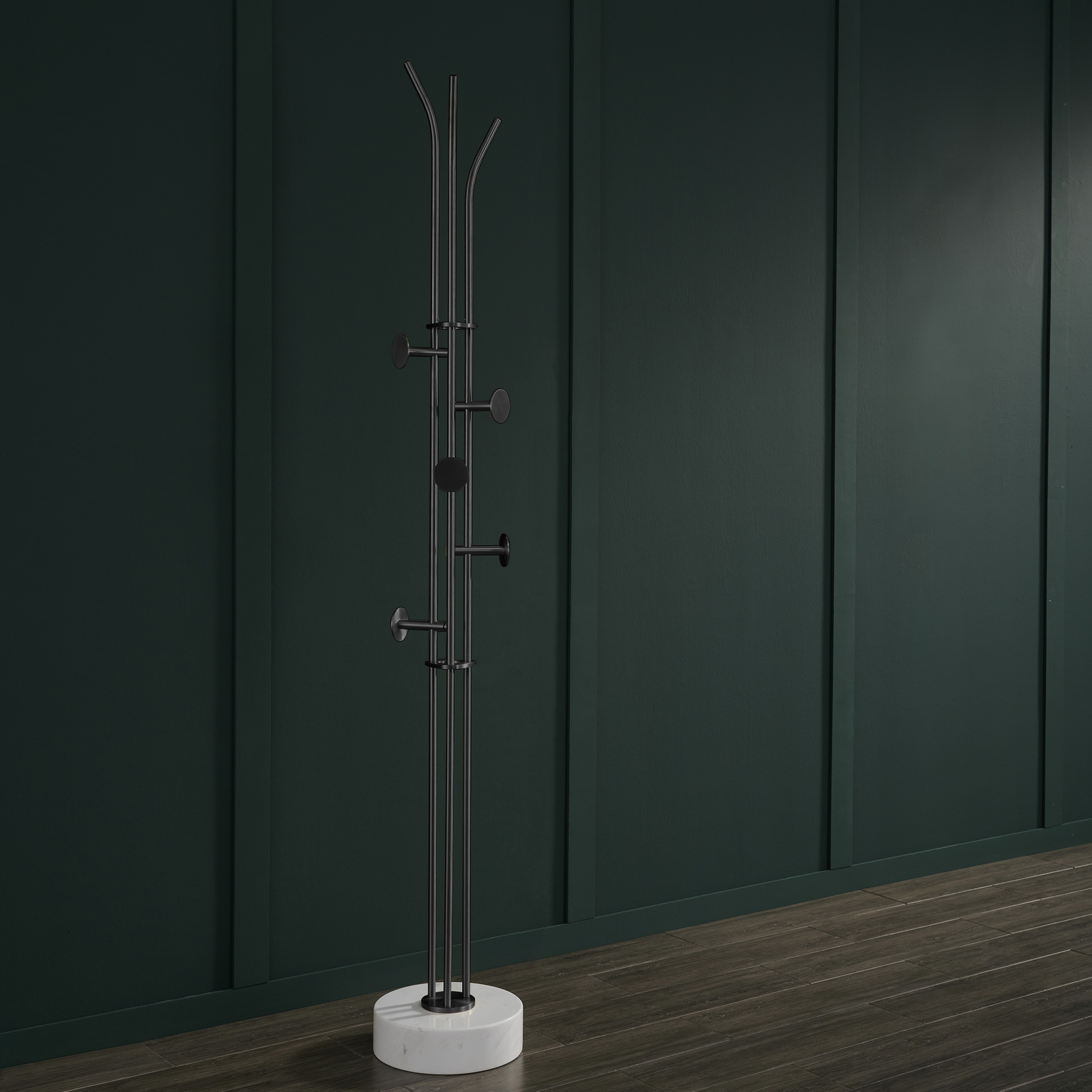 Stainless steel coat rack stand with white natural marble base and multiple brushed adjustable hooks