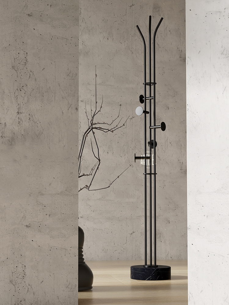 Stainless steel coat rack stand with white natural marble base and multiple brushed adjustable hooks