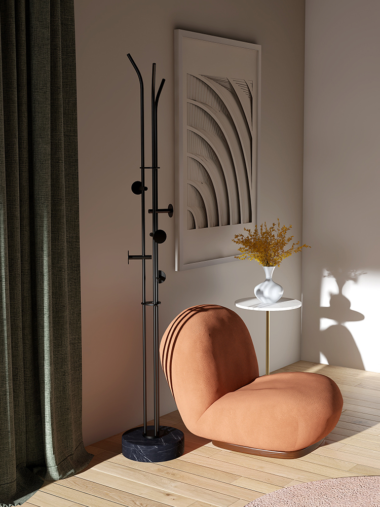Stainless steel coat rack stand with white natural marble base and multiple brushed adjustable hooks