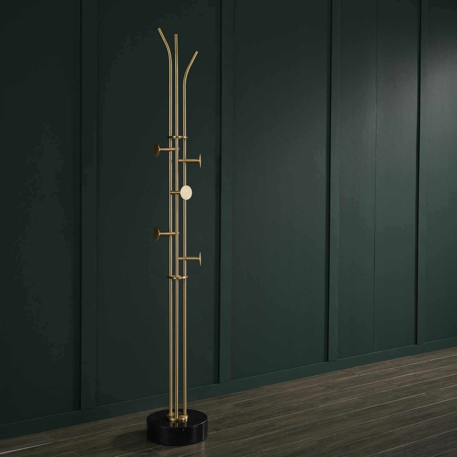 Stainless steel coat rack stand with black marble base and brushed gold-tone adjustable hooks