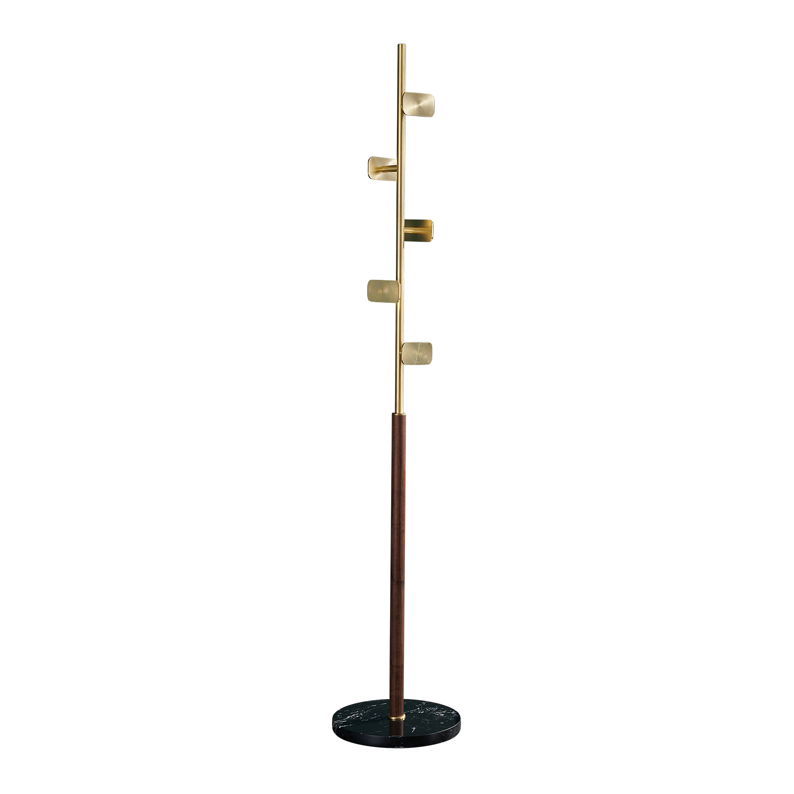 Premium brass coat rack stand with black marble base and staggered brushed square hooks