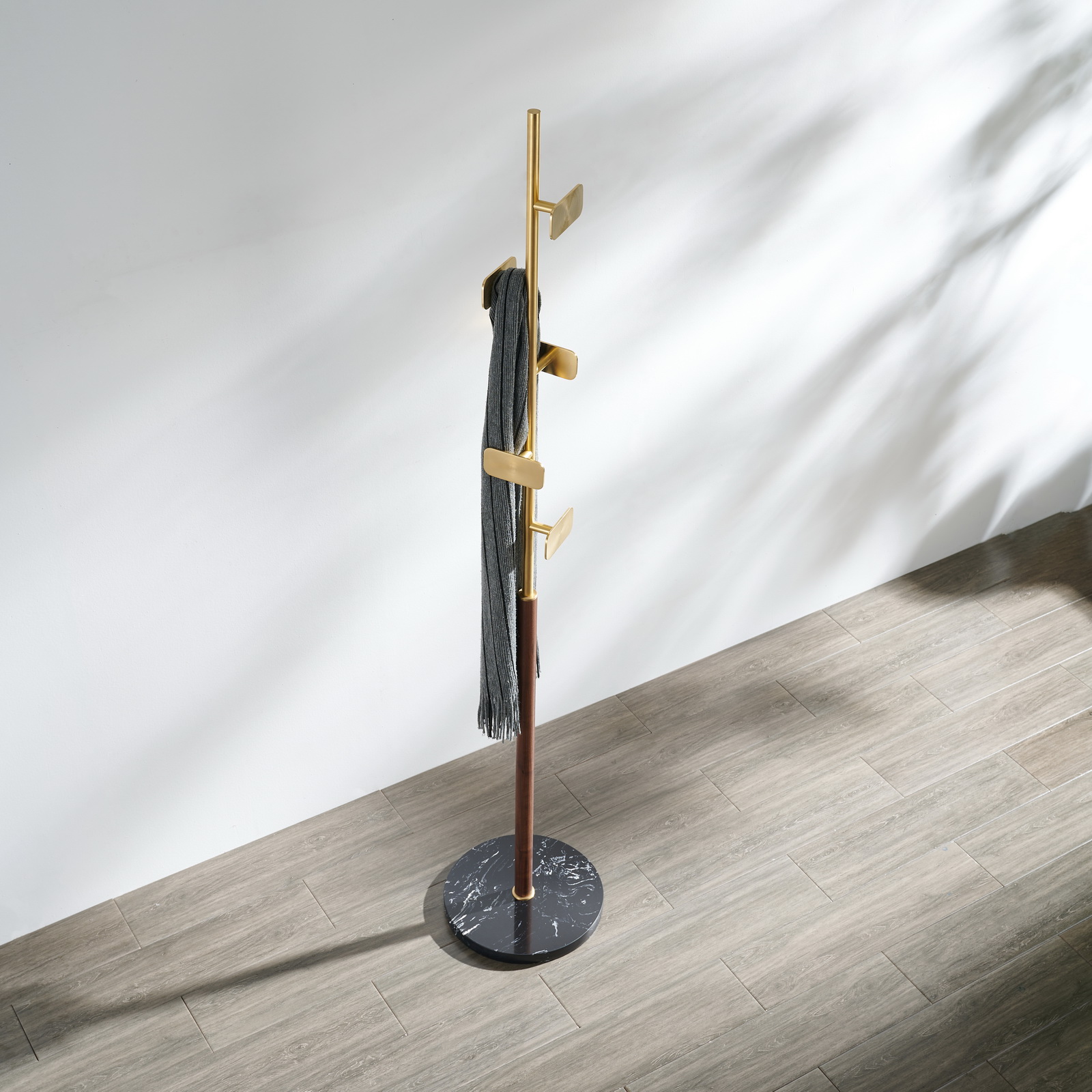 Premium brass coat rack stand with black marble base and staggered brushed square hooks