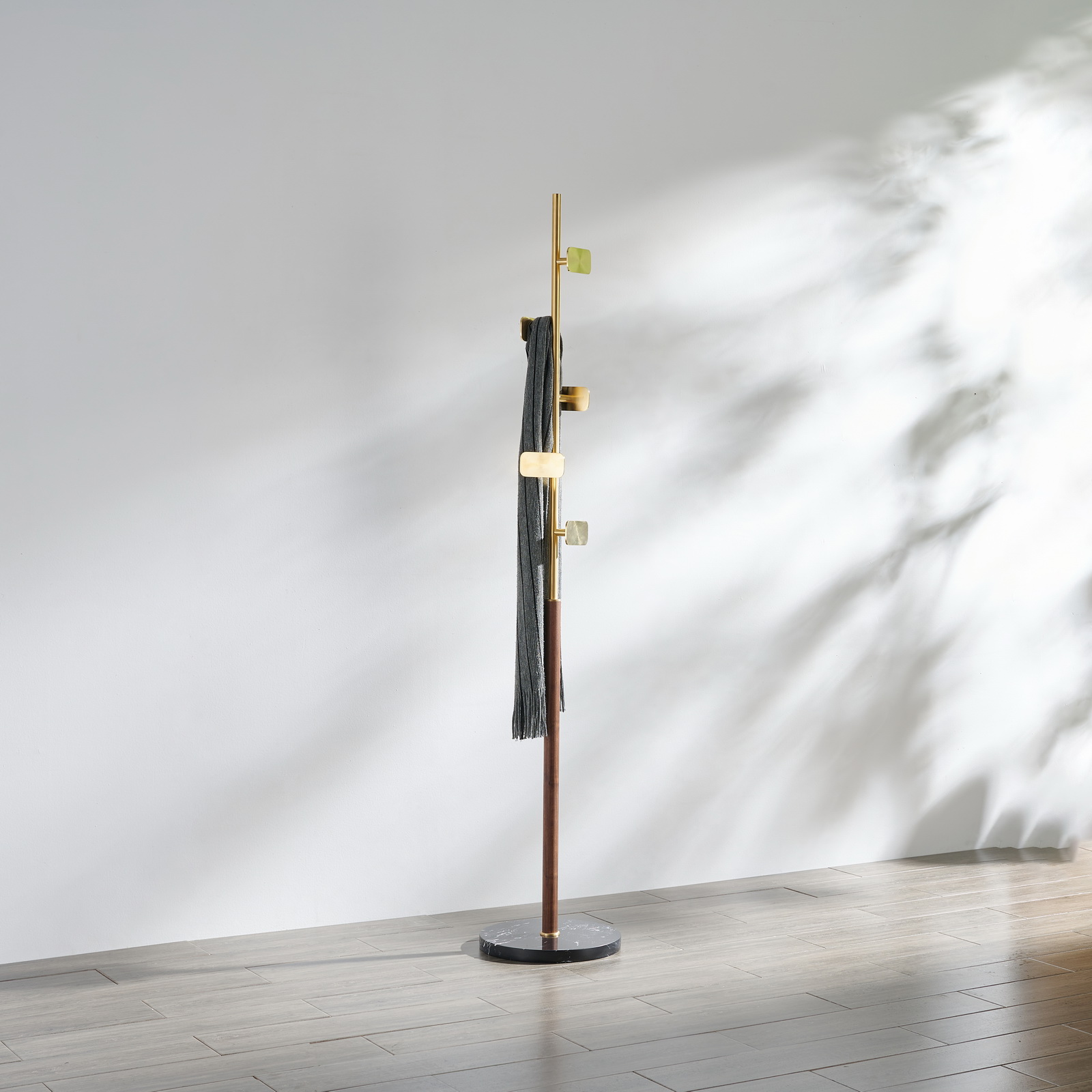 Premium brass coat rack stand with black marble base and staggered brushed square hooks