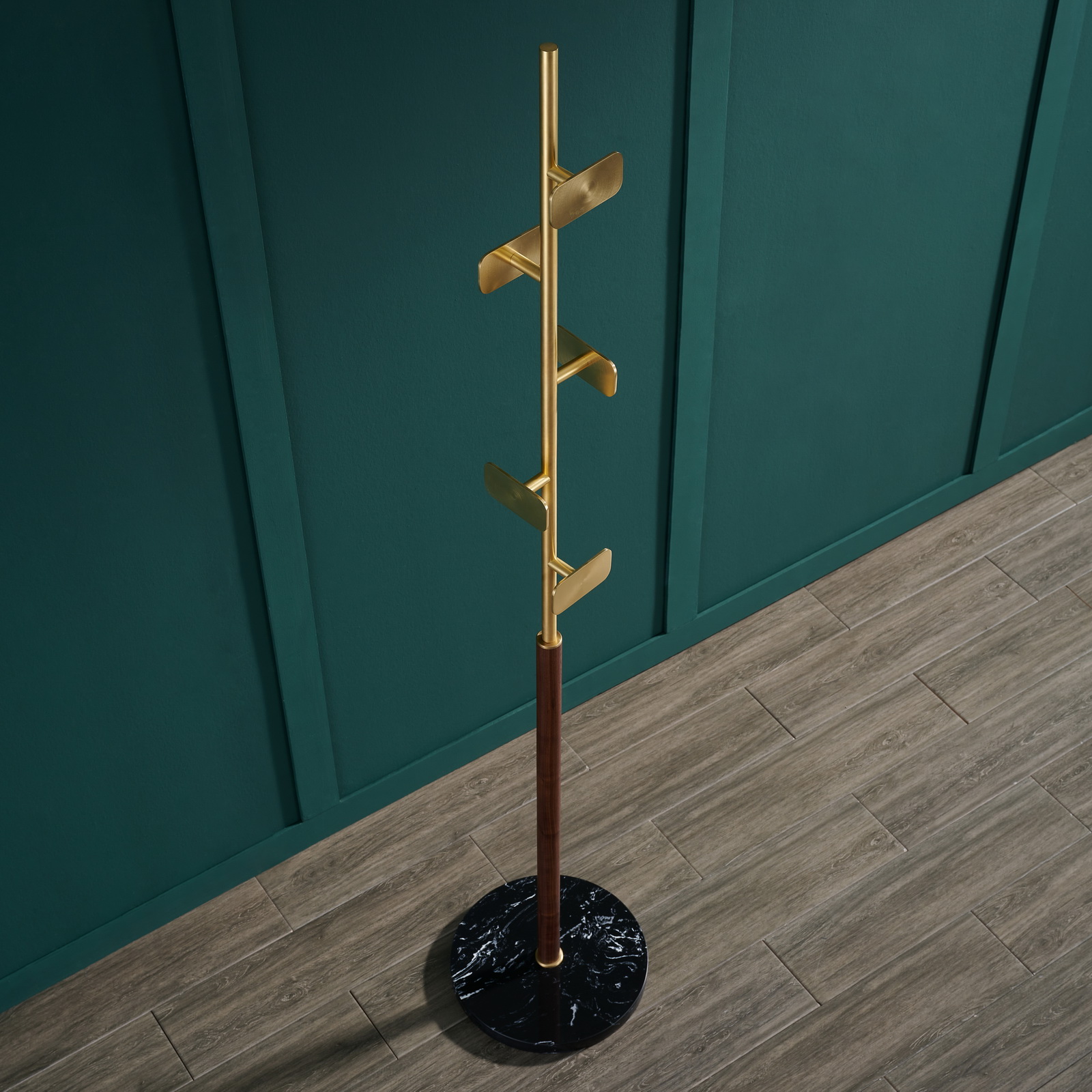 Premium brass coat rack stand with black marble base and staggered brushed square hooks