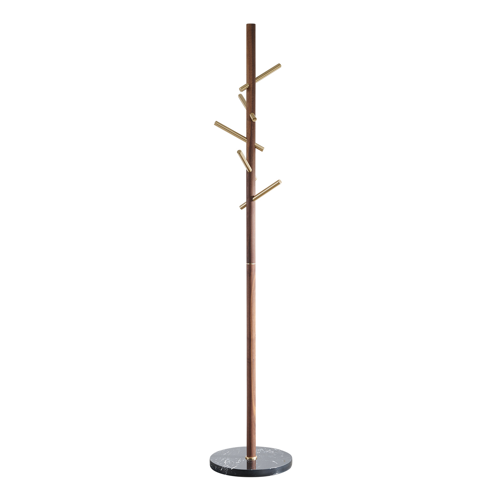 Premium solid brass coat rack stand with black marble base and staggered brushed brass hooks