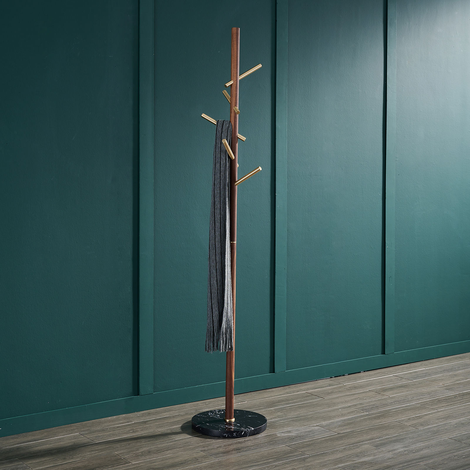 Premium solid brass coat rack stand with black marble base and staggered brushed brass hooks