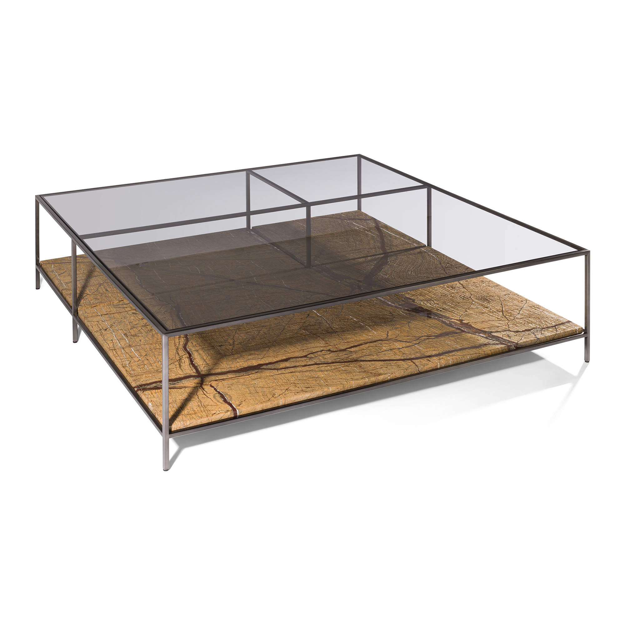 Dual-tier coffee table with extra-clear glass top and geometric natural marble lower shelf.