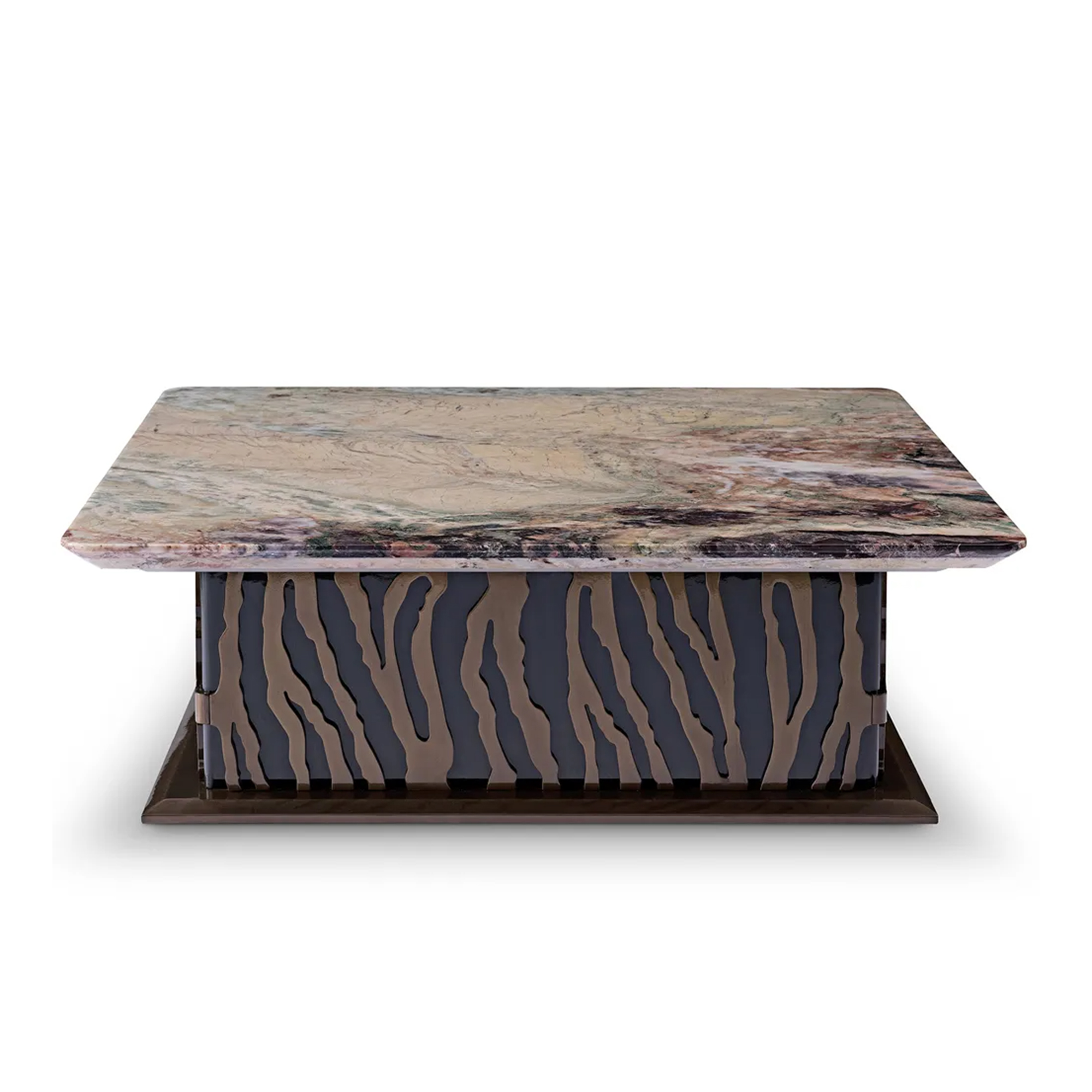 Luxury round table featuring a purple marble top and a fluted brushed gold metallic base.