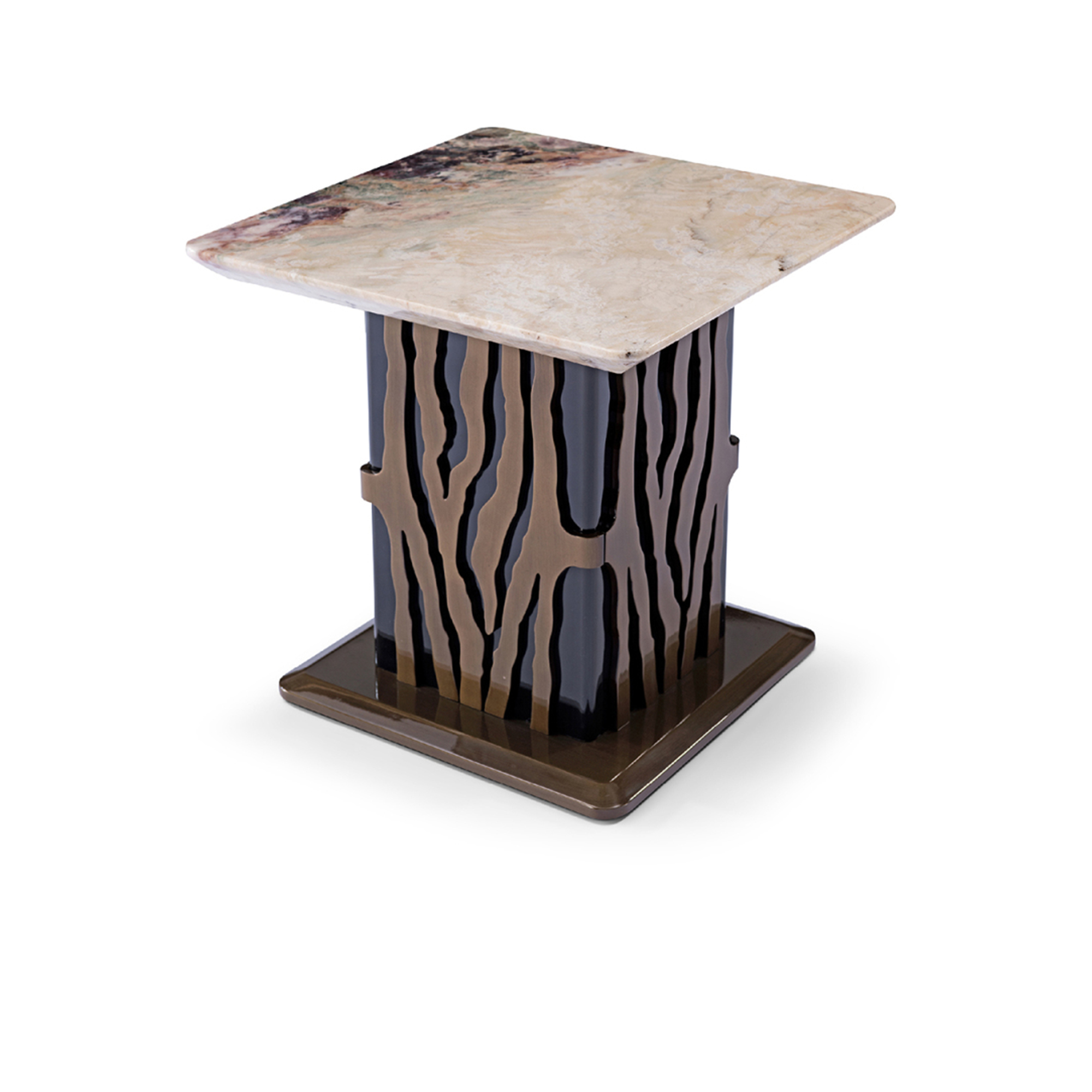Luxury round table featuring a purple marble top and a fluted brushed gold metallic base.