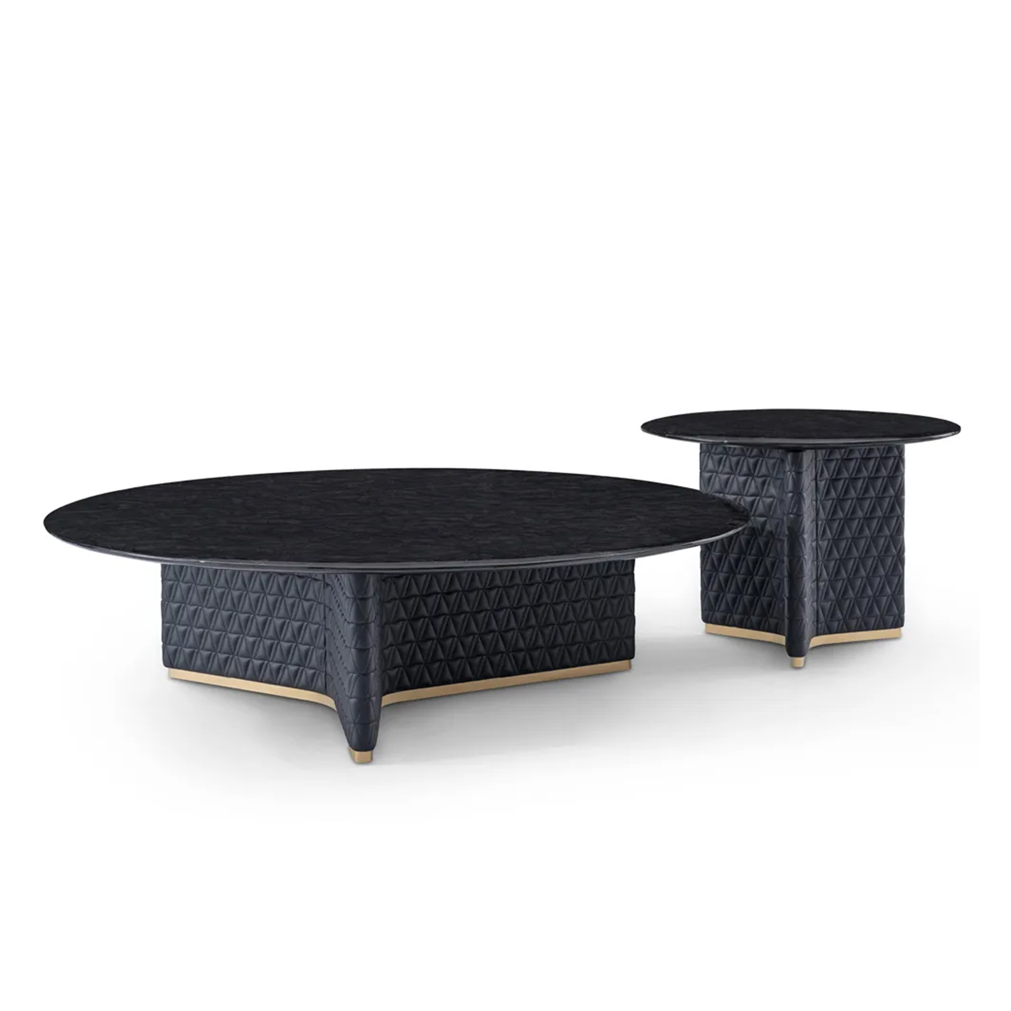 Modern coffee table with a marble top and a microfiber leather-wrapped base frame.