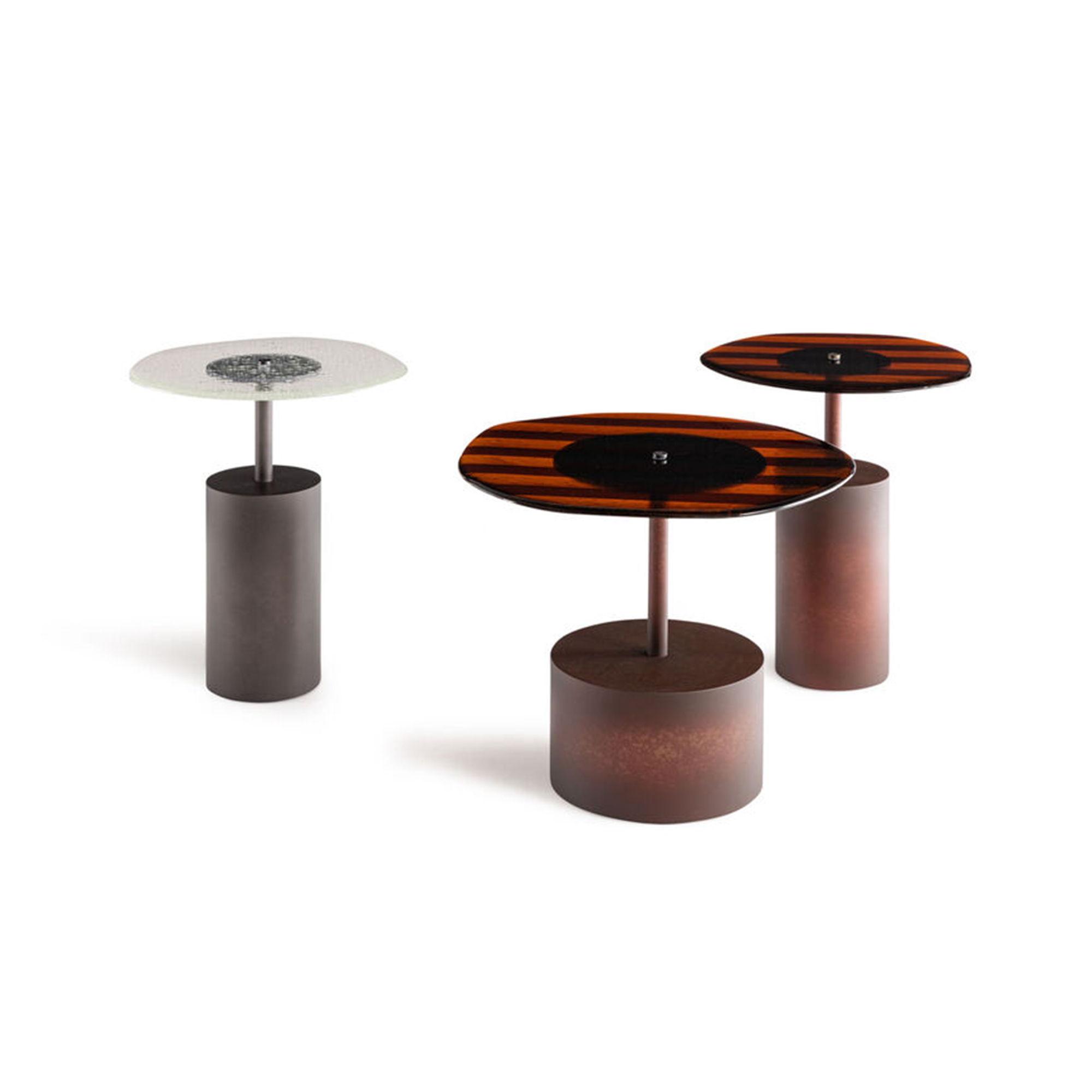 Contemporary accent table with an orange ribbed kiln-formed glass top and red metal base.